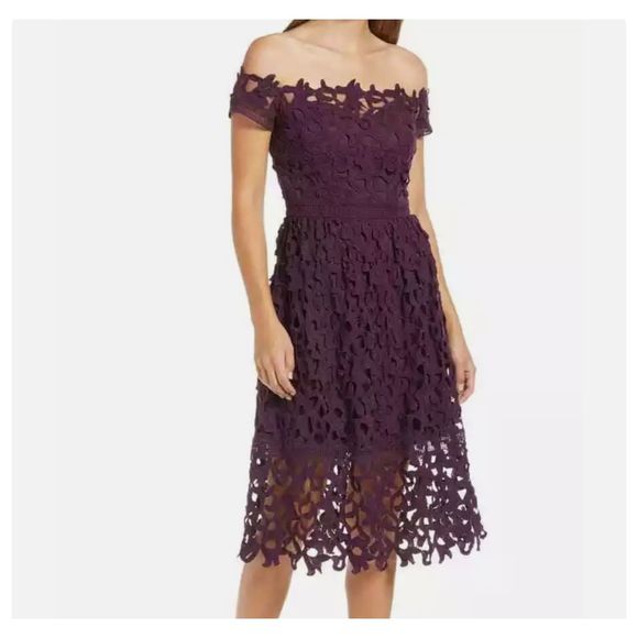 Chi Chi London Dresses & Skirts - CHI CHI LONDON Lizana off the shoulder lace fit and flare dress in berry SZ 12 N